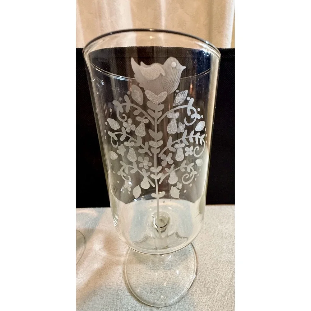 Set of 6 Georg Jensen Etched Partridge in a Pear Tree Stemmed Glasses